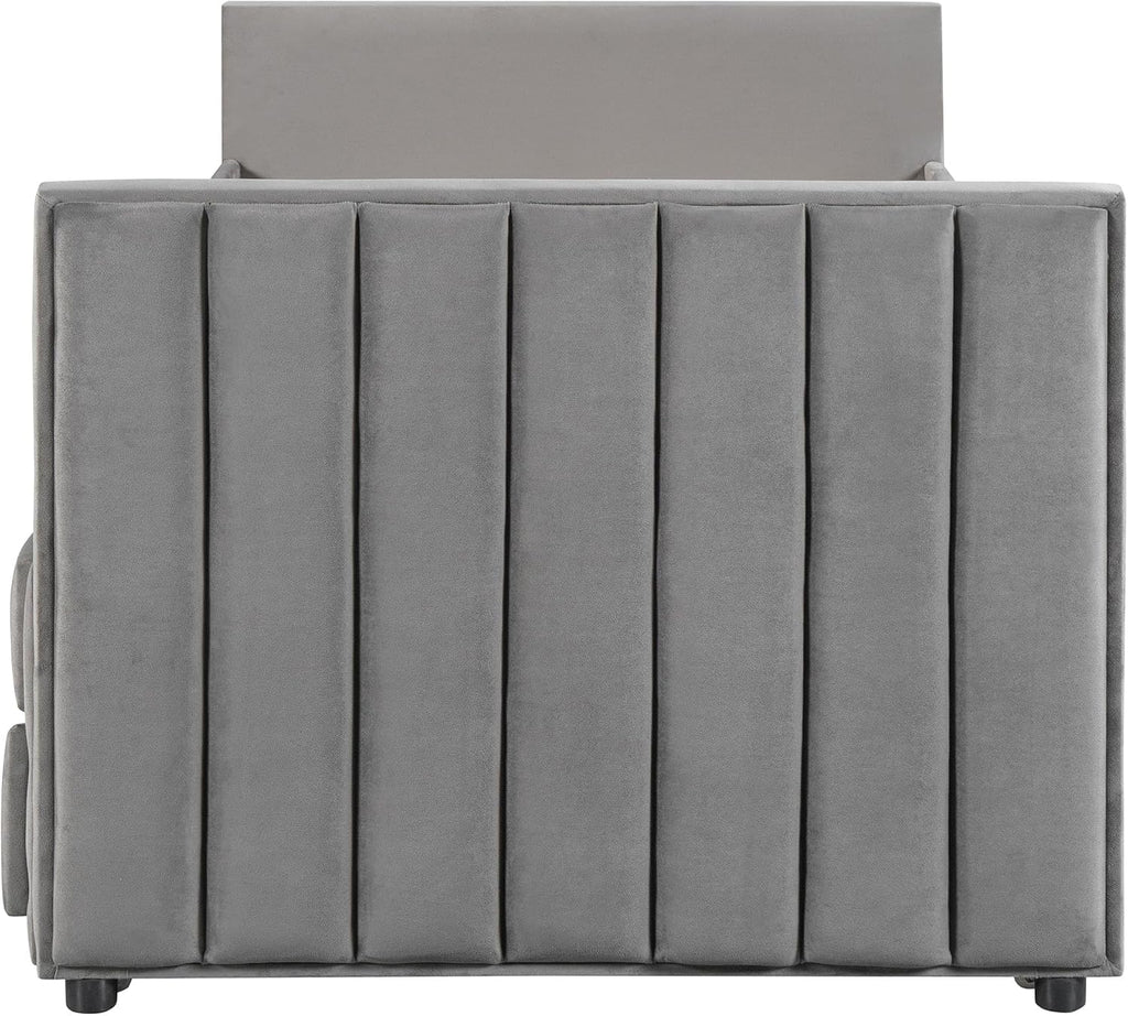 Twin Size Velvet Upholstered Daybed with Trundle and 3 Storage Drawers, Wooden Sofa Bed Frame (Gray) S595