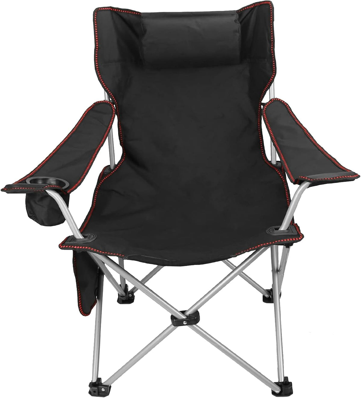 Folding Adjustable Recliner Camping Chair with Headrest Cup Holders Side Pocket Black E82105