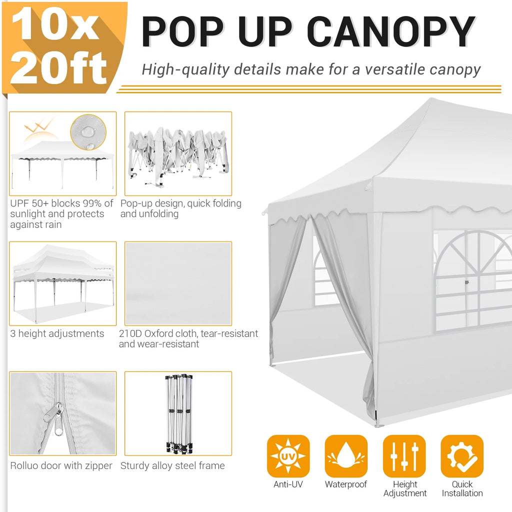 10' x 20' Pop Up Canopy Party Tent Heavy Duty Waterproof Adjustable White with Carry Bag Q29586