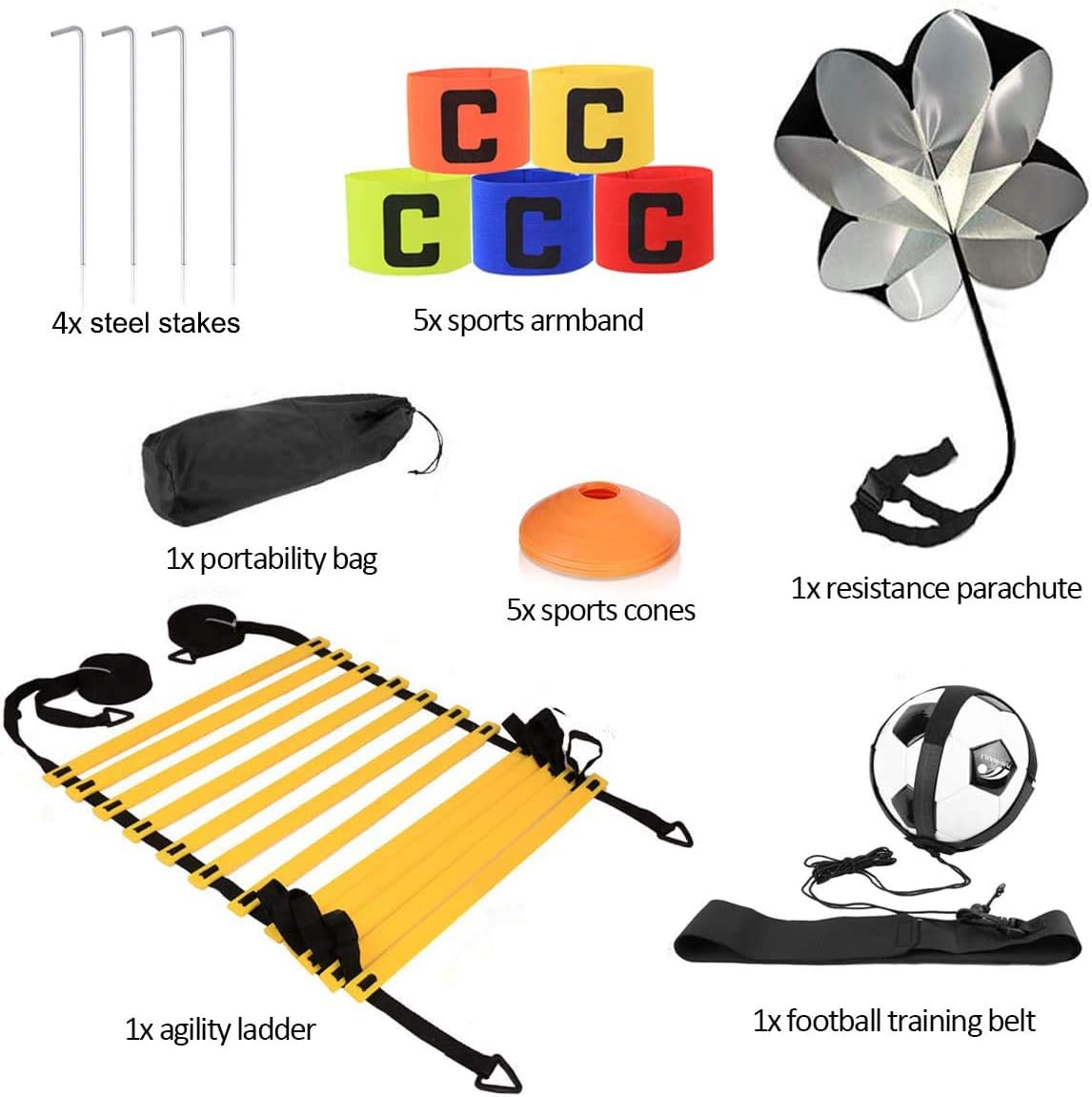 Speed Agility Training Set with Ladder, Running Parachute, 5 Speed Cones, 5 Loop Resistance Bands, 4 Steel Stakes, Training Belt and Carrying Bag B15865