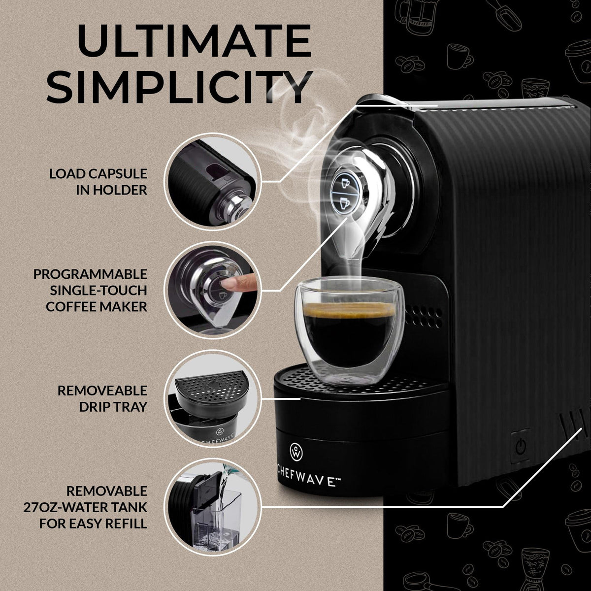 Black Espresso Machine with Holder and Cups S409