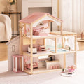 Pink Wooden Dollhouse with 6 Rooms and 29-pcs Furniture Set F654632