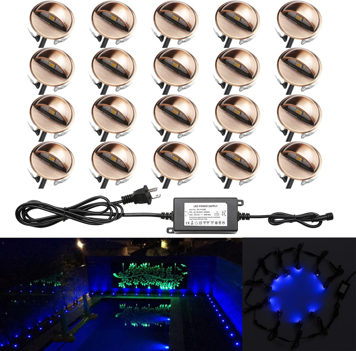 LED Deck Stair Lighting Kit, Low Voltage IP65 Indoor Outdoor Recessed Step Lights, Bronze, Pack of 10 R797