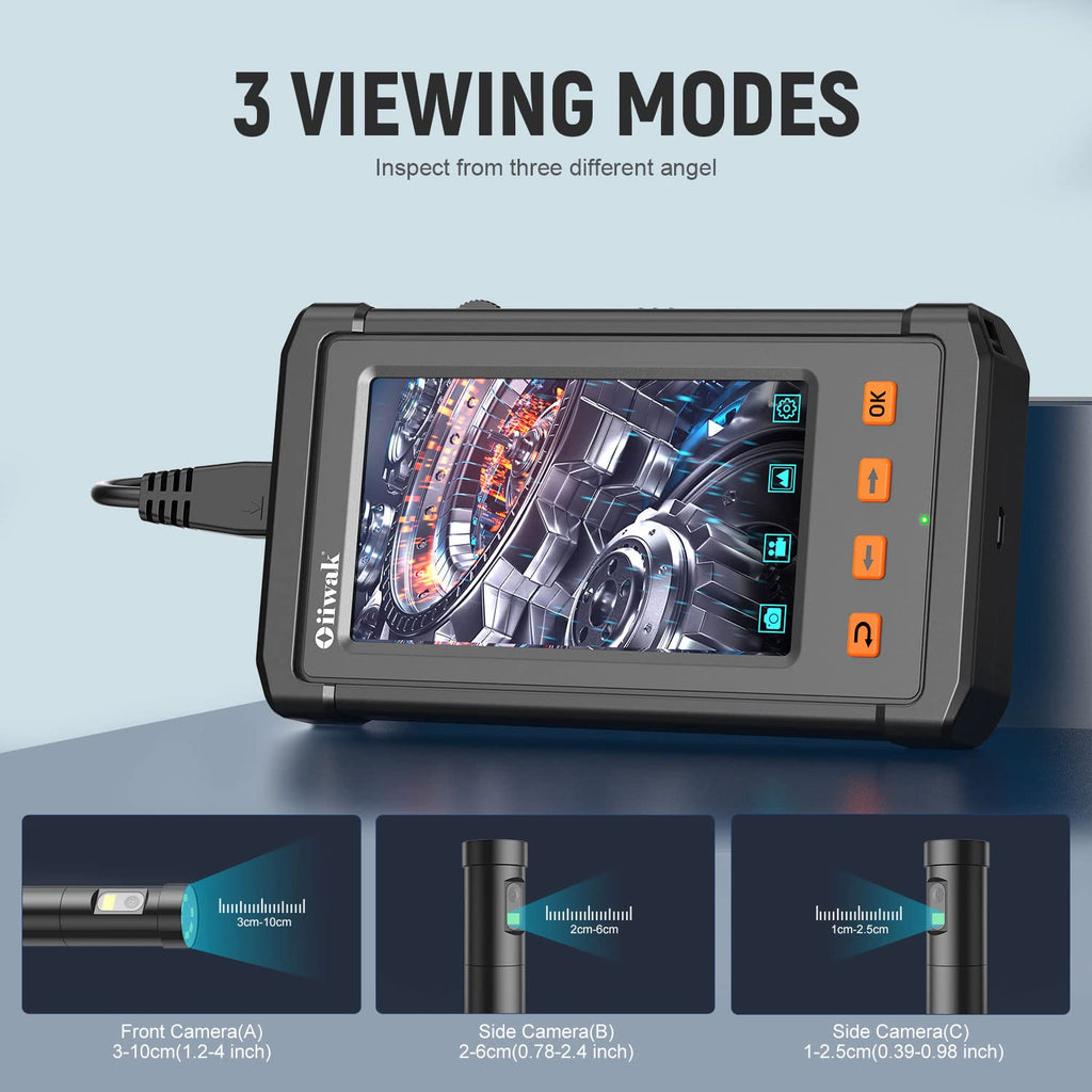 Triple Lens Industrial Endoscope Camera with 4.3'' IPS Screen 1080P HD Waterproof A3715