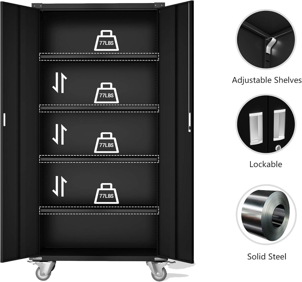 Black Steel Storage Cabinet with Wheels, 72'' Tall E32906