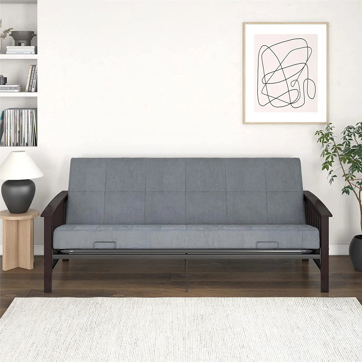 Natural Wood Full Size Futon Frame with Black Metal V16073