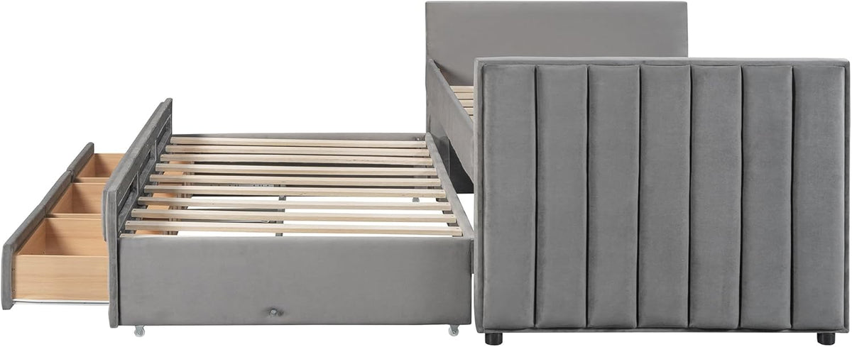 Twin Size Velvet Upholstered Daybed with Trundle and 3 Storage Drawers, Wooden Sofa Bed Frame (Gray) S595