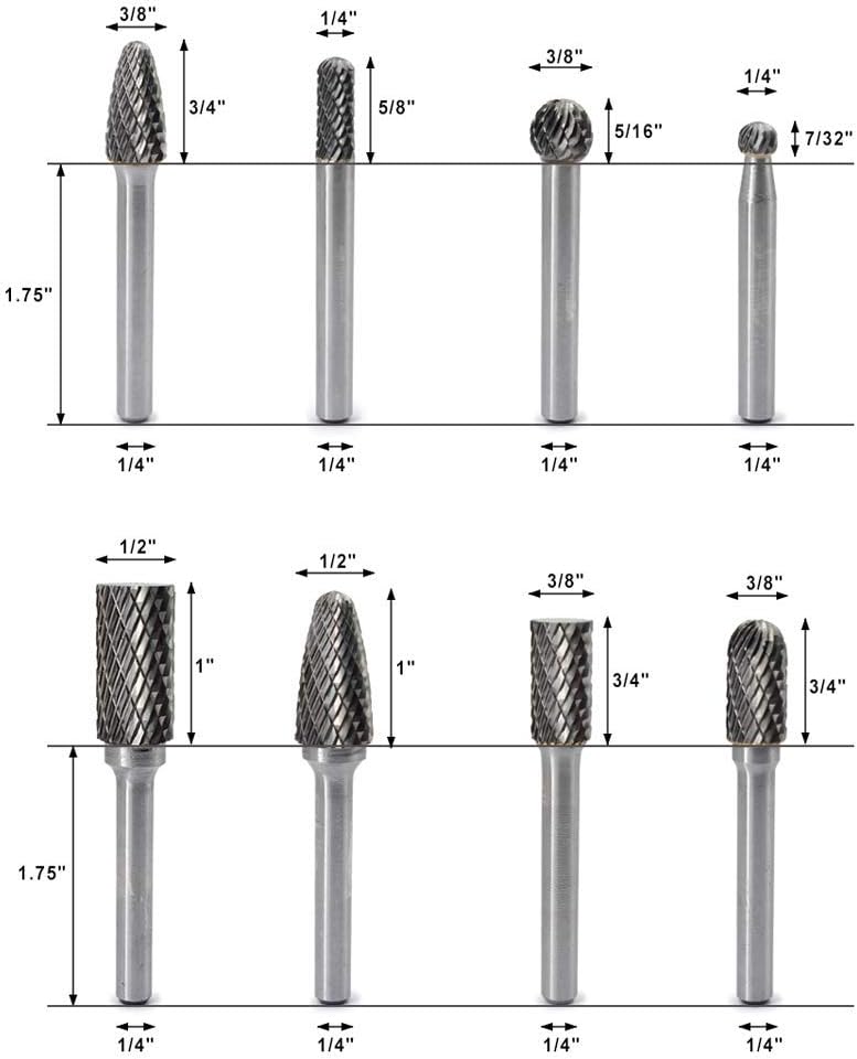 Carbide Burr Set with 1/4'' Shank 8pcs Double Cut Solid Carbide Rotary Burr Set G445