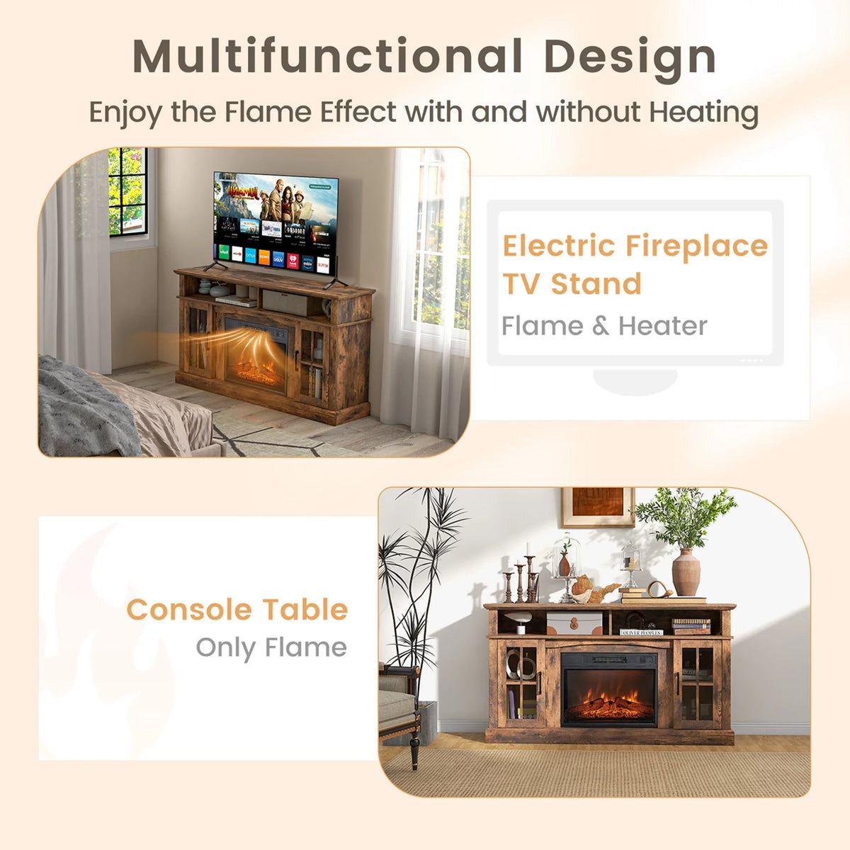 58'' Fireplace TV Stand with 1400W Electric Fireplace N657
