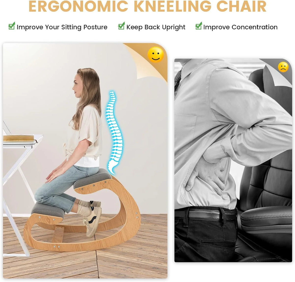 Ergonomic Kneeling Chair with Cushion Solid Wood Frame Gray A7259