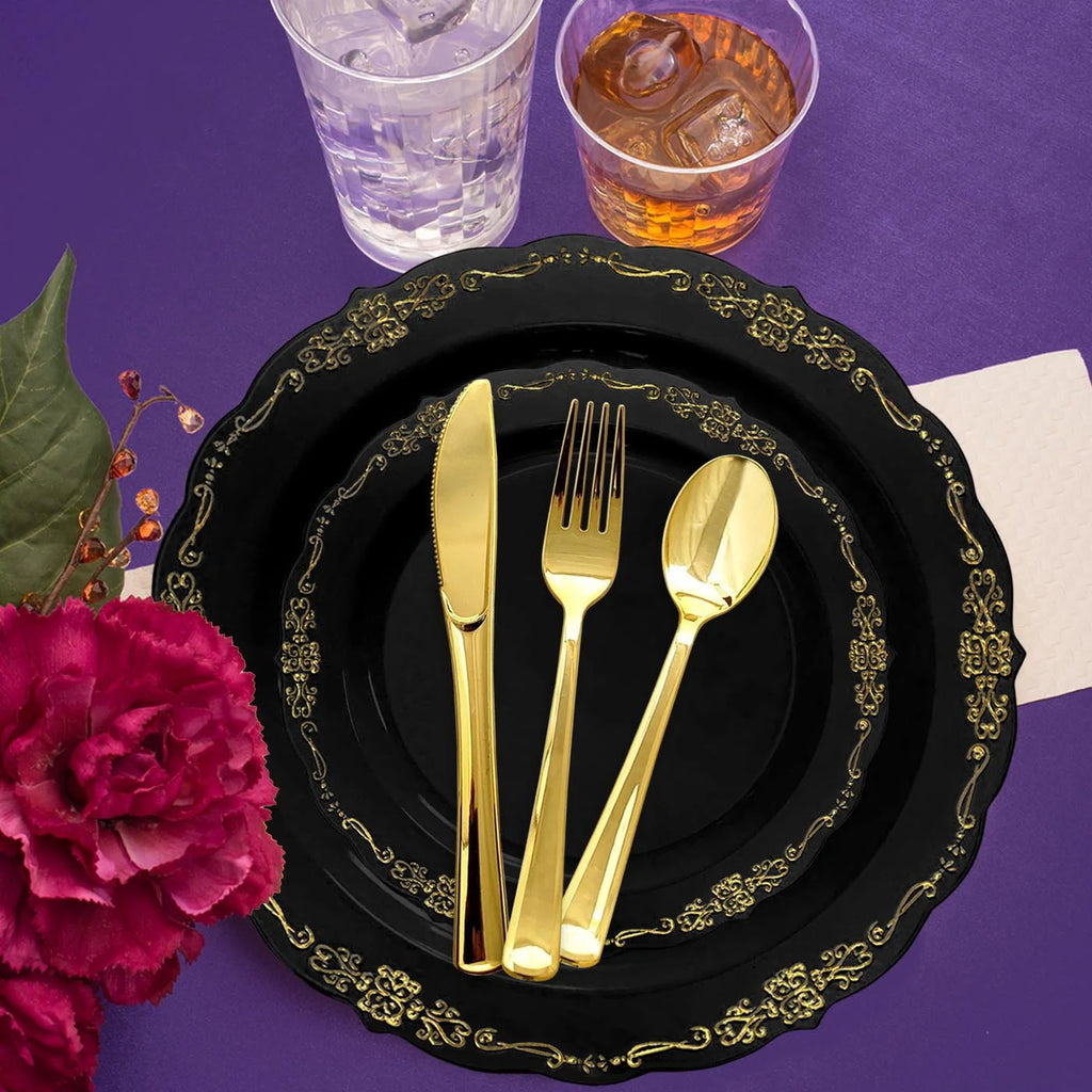 Black Gold Disposable Plastic Wedding Value Set (60 Guests) H164642
