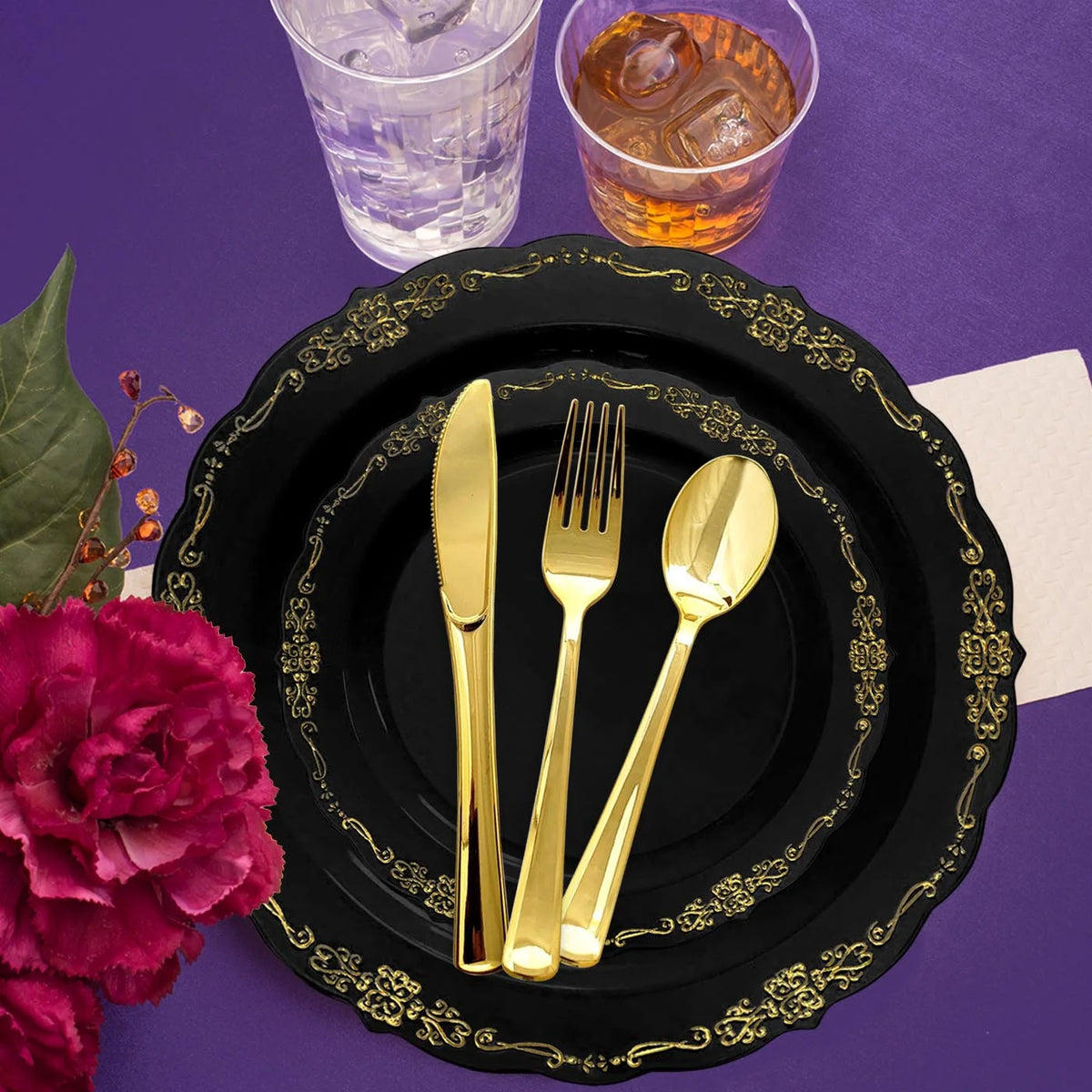 Black Gold Disposable Plastic Wedding Value Set (60 Guests) H164642