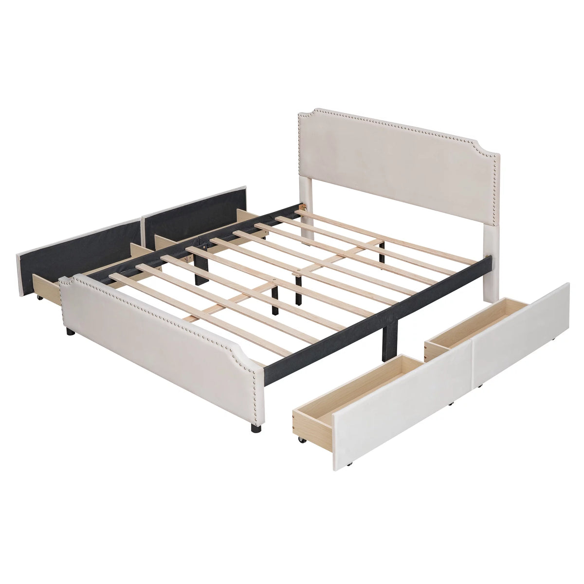 Beige Velvet Queen Size Bed with 4 Storage Drawers I252