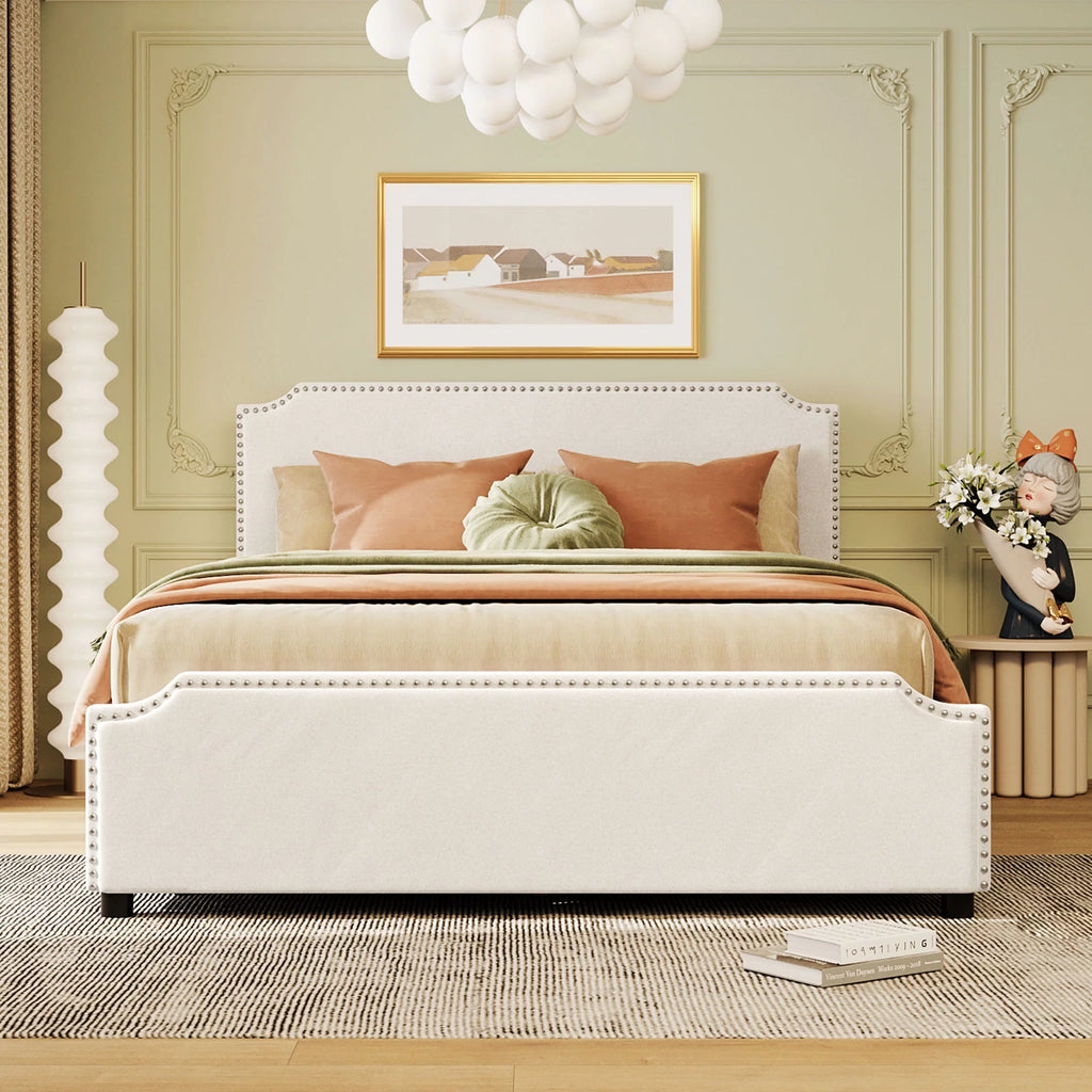 Beige Velvet Queen Size Bed with 4 Storage Drawers I252