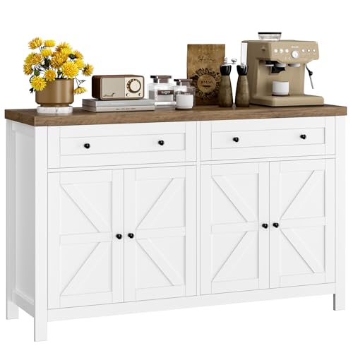 55" White Buffet Sideboard Cabinet with Drawers and Shelves E231