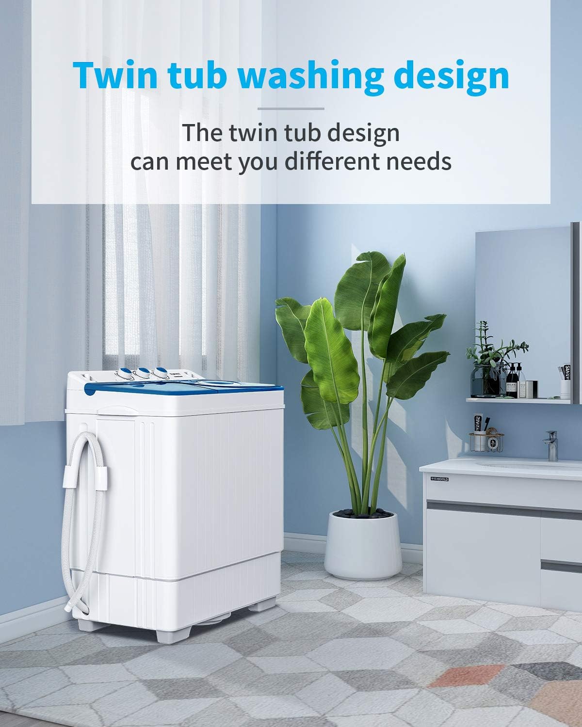 Compact Twin Tub Portable Mini Washing Machine 26lbs Capacity, Washer(18lbs)&Spiner(8lbs) (White&Blue) V2826