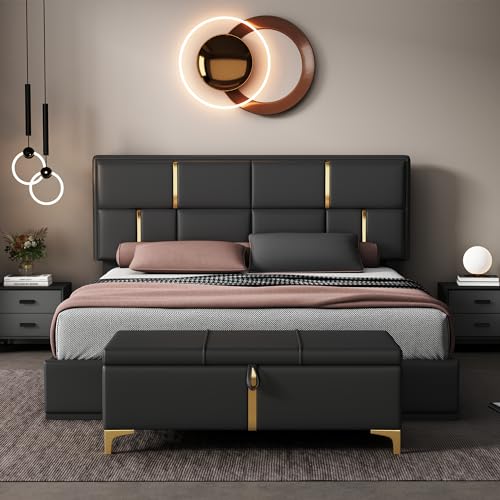 Beige Queen Upholstered Platform Bed with Storage Ottoman E421336