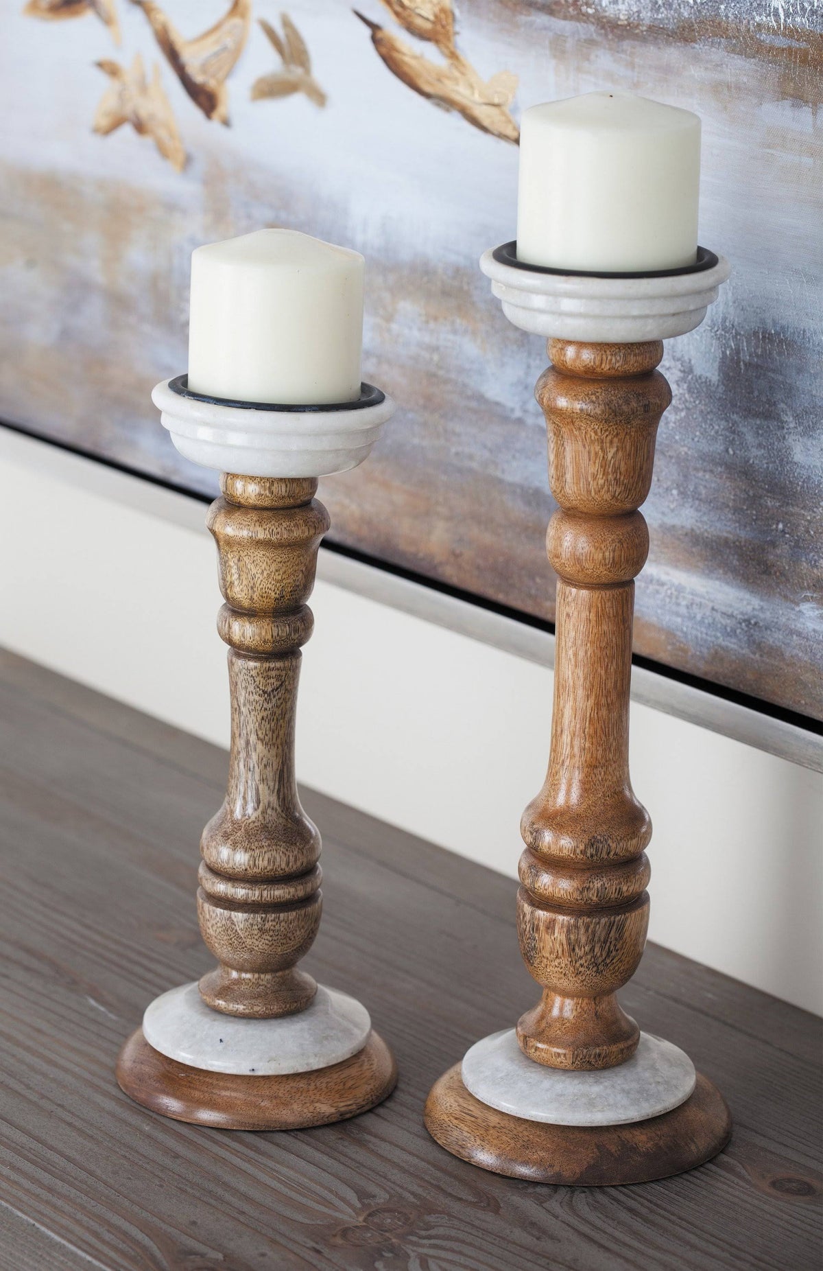 Mango Wood Pedestal Candle Holders Set of 2 P922