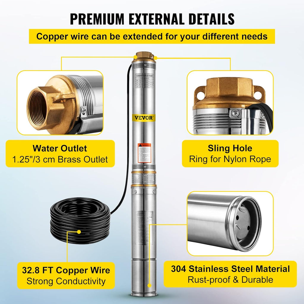 1 HP Submersible Well Pump 33GPM 207ft Head 9.8ft Cable Stainless Steel K8733
