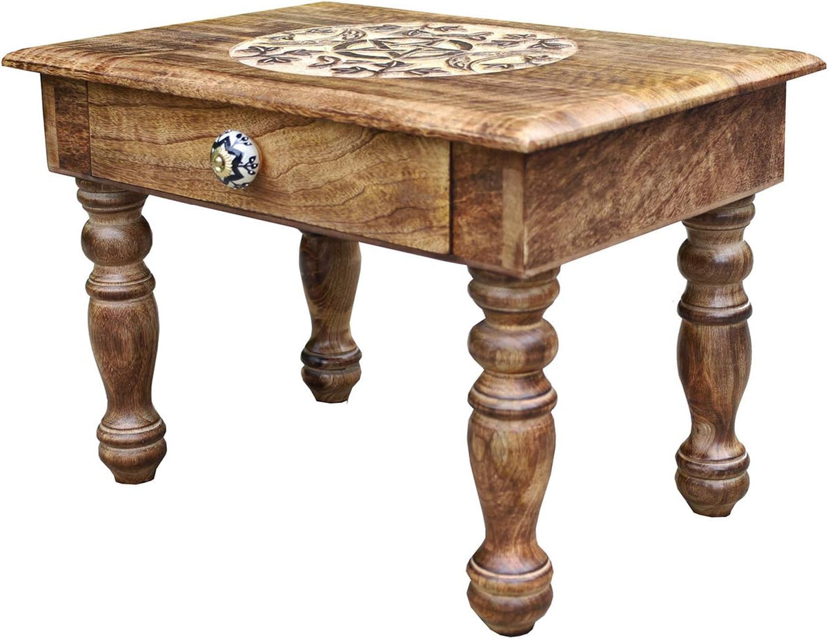 Solid Mango Wood Hand Carved Puja Shrine Altar Table U877