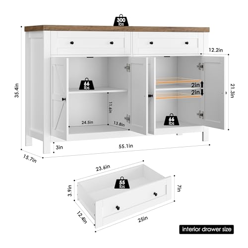 55" White Buffet Sideboard Cabinet with Drawers and Shelves E231