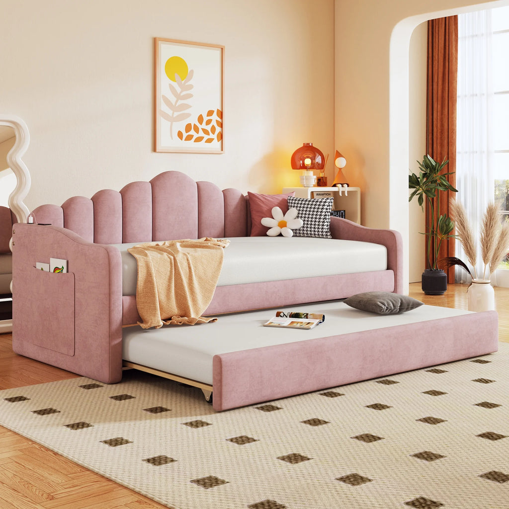 Pink Velvet Twin Size Upholstered Daybed with Trundle H662