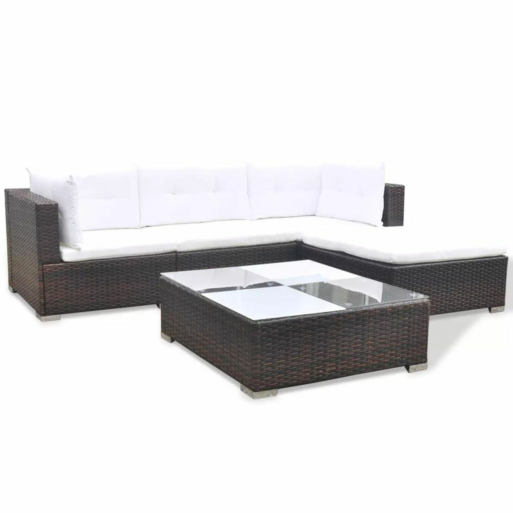 5 Piece Outdoor Sectional Sofa Lounge with Coffee Table and Ottoman Set Cushioned Poly Rattan B922828