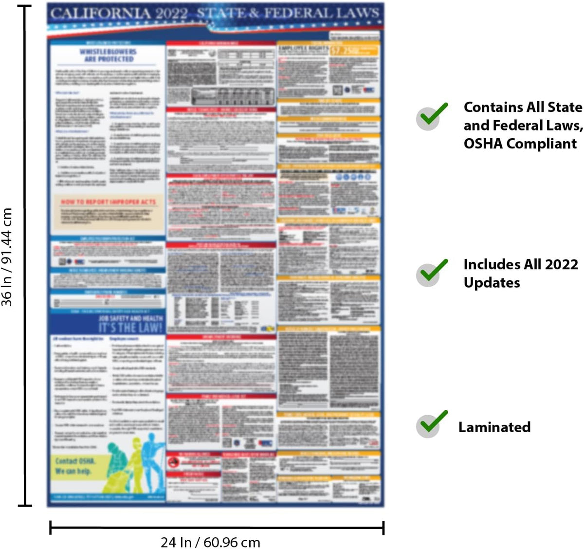 California State and Federal Labor Laws Poster English & Spanish 24 x 36 Laminated U8604