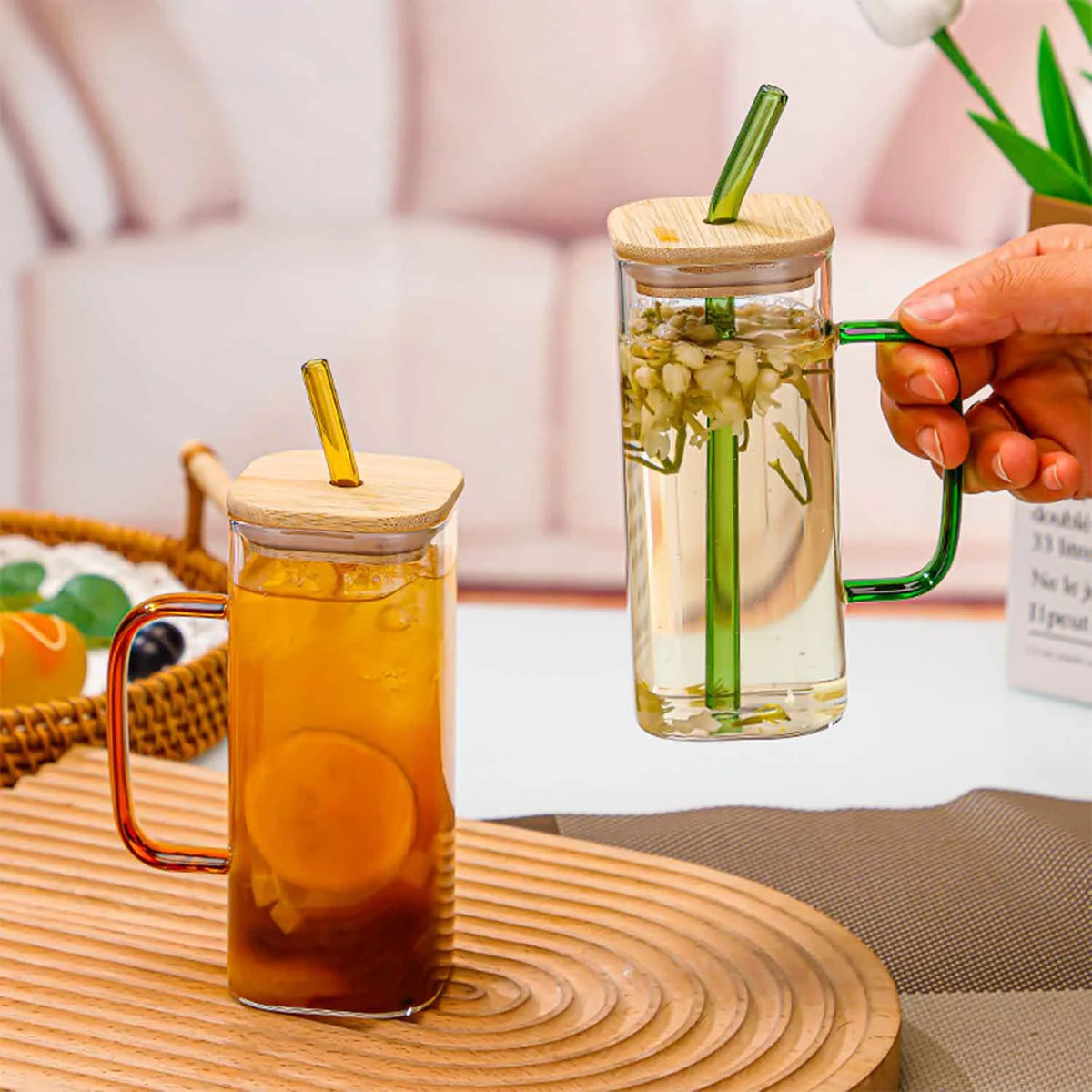 Green Square Glass Cups with Bamboo Lids and Straw S654