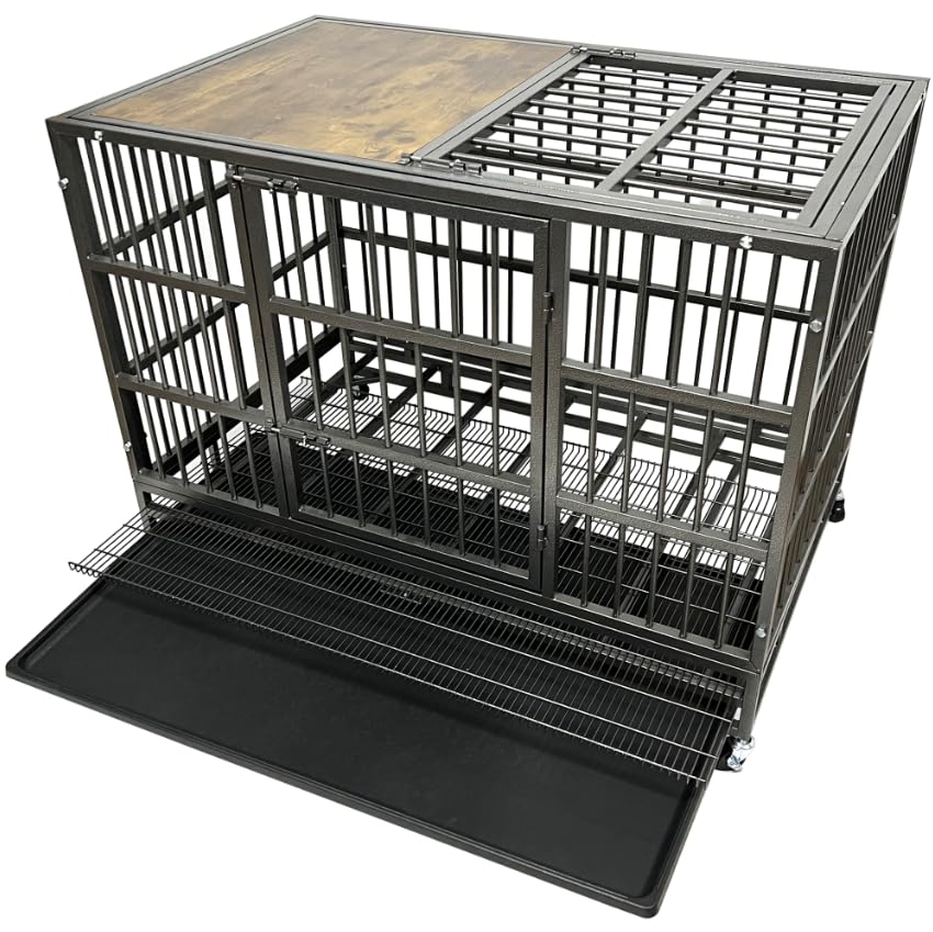 Heavy Duty Dog Crate Cage with Woodtop, Steel Kennel, Double Door and Tray K569