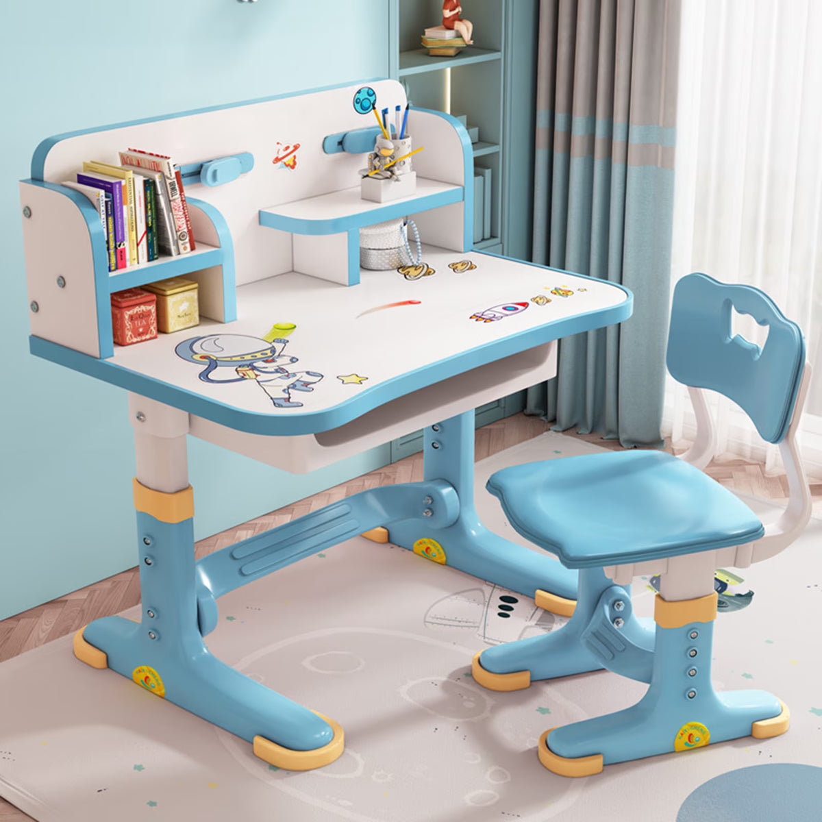 Blue Height Adjustable Kids Desk and Chair Set with Drawer H31367