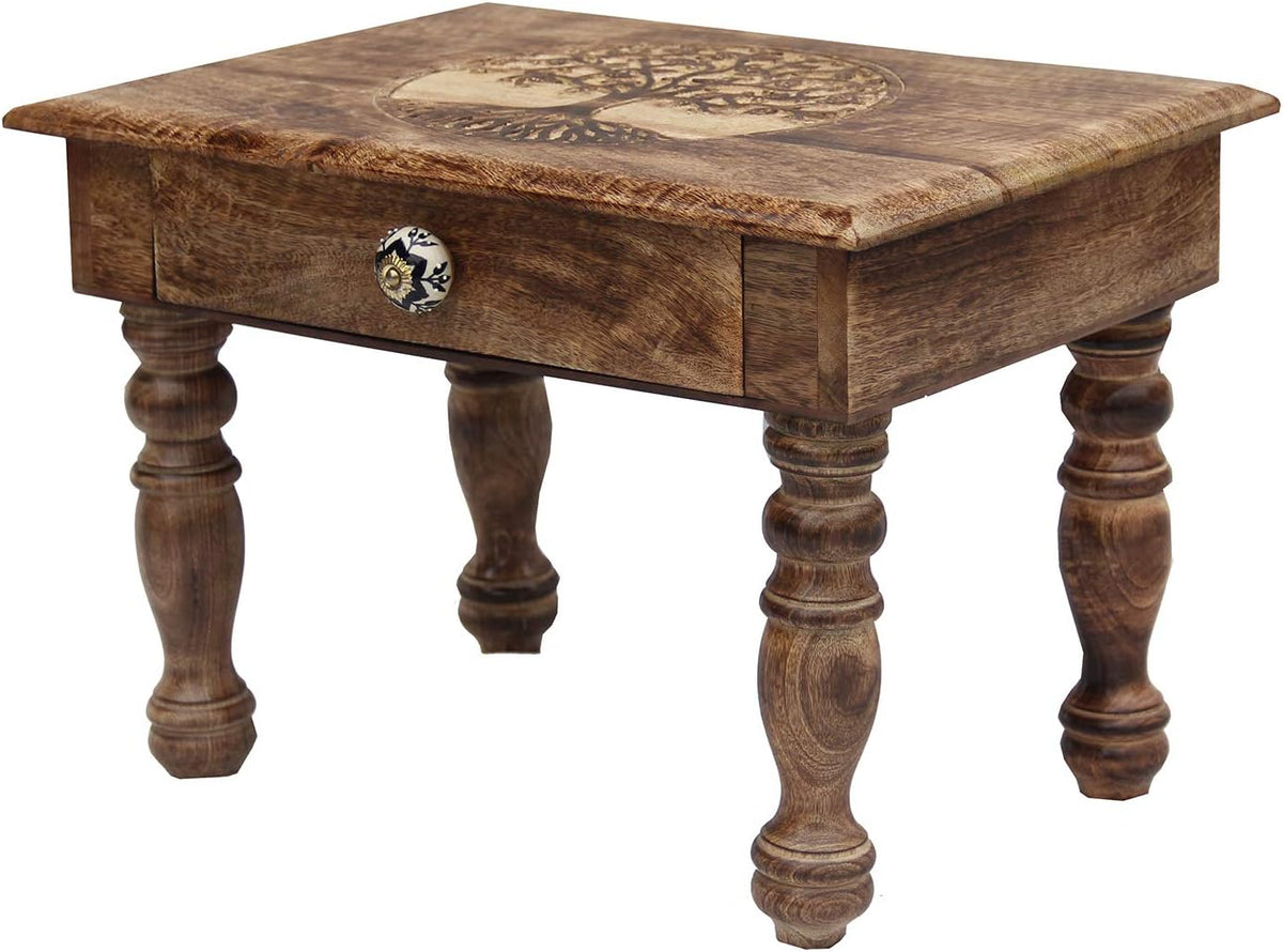 Solid Mango Wood Hand Carved Puja Shrine Altar Table U877