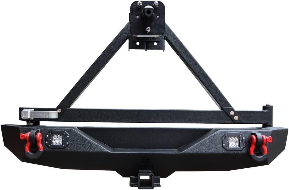 Textured Black Rear Bumper with Tire Bracket, LED Light, D-Ring, Rear Camera Mounting Holes S28814