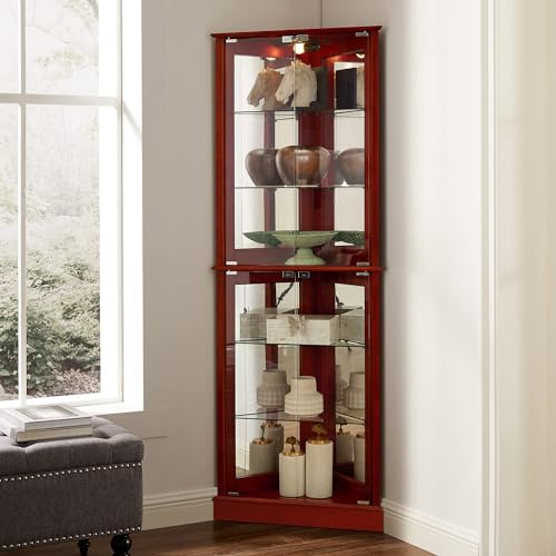 72" Tall Corner 6-Shelf Curio Cabinet with Tempered Glass Doors and Adjustable Storage Shelves (Cherry) R544
