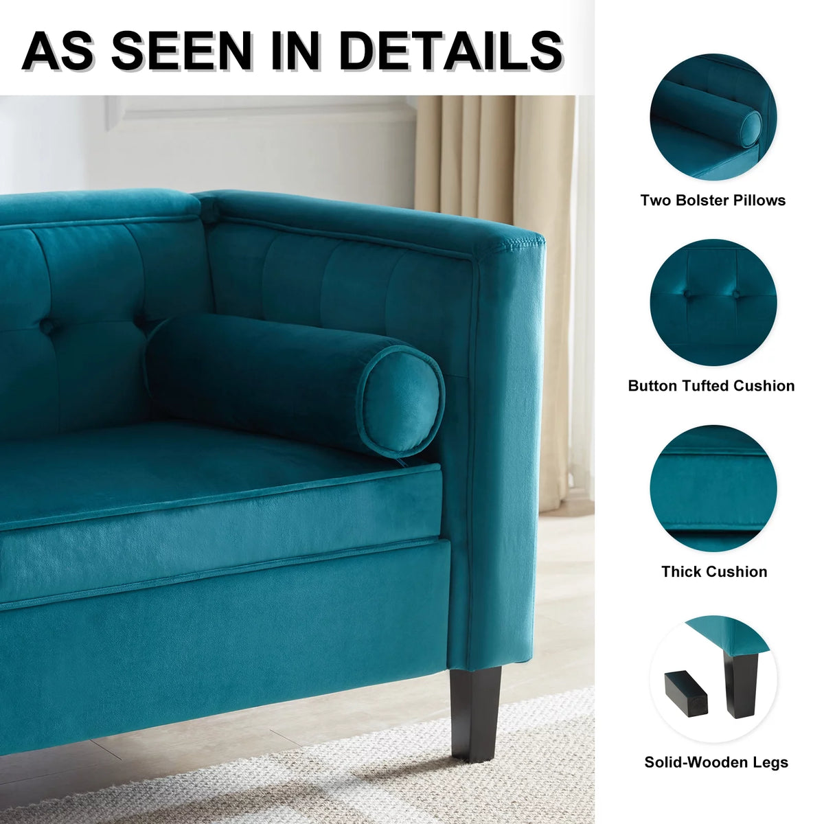 Peacock Blue Velvet Sofa with Bolster Pillows R975