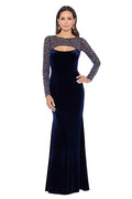 Long Stretch Velvet Illusion Beaded Sleeve Gown H959