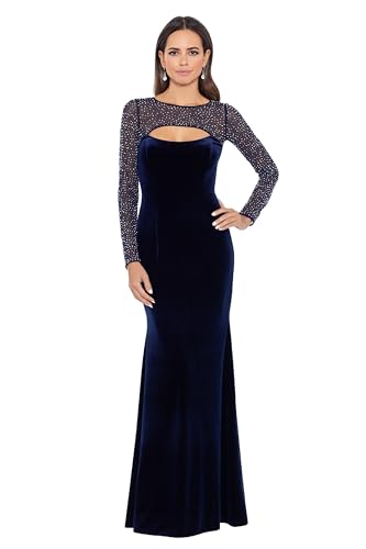 Long Stretch Velvet Illusion Beaded Sleeve Gown H959