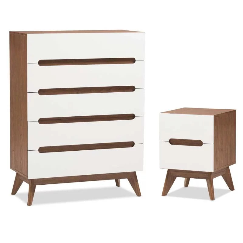 Mid Century Modern White and Walnut Chest and Nightstand Set P5536