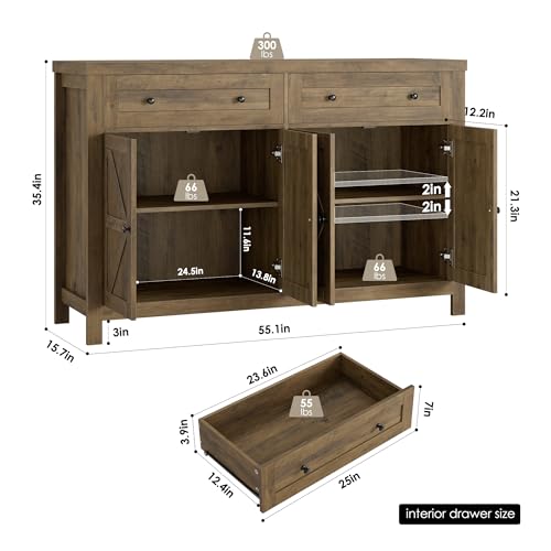 55" White Buffet Sideboard Cabinet with Drawers and Shelves E231