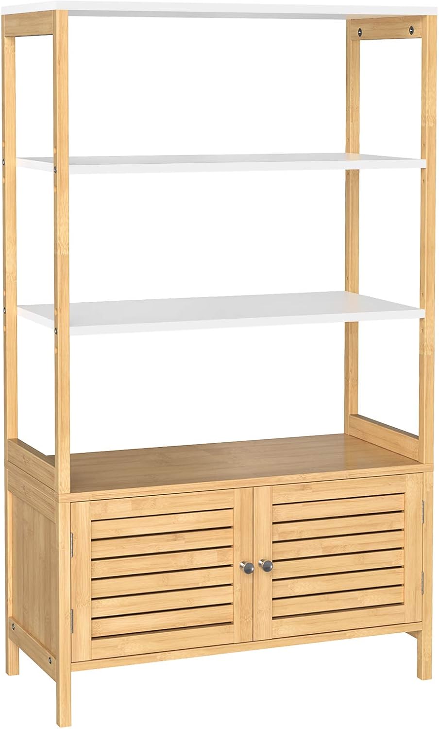 White Bamboo Tall Storage Cabinet with 3 Shelves and Double Doors W1808