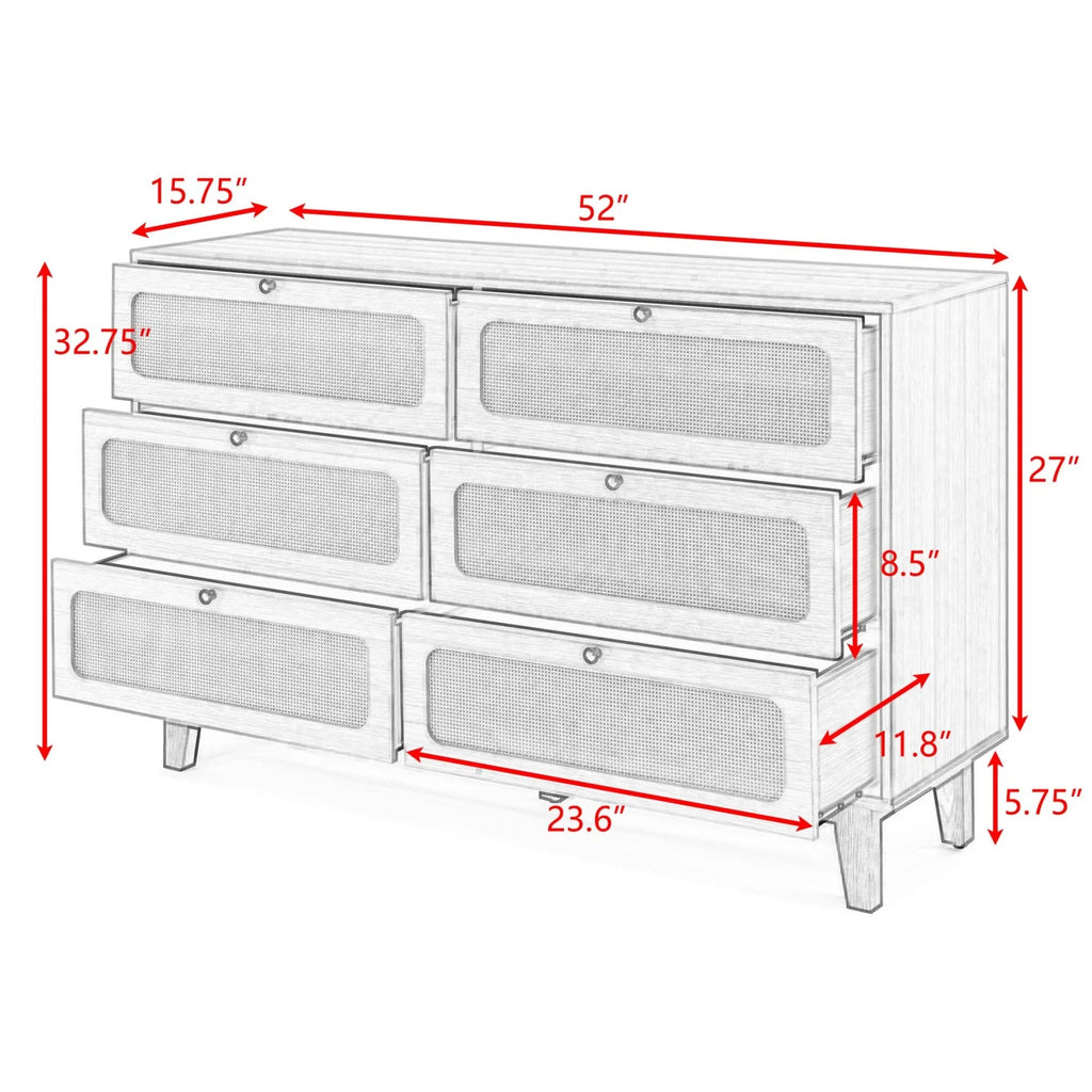 6 Drawer Wooden Dresser with Rattan Drawers Q33499