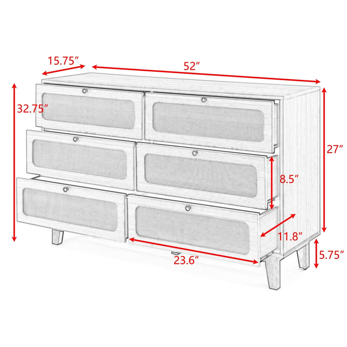 6 Drawer Wooden Dresser with Rattan Drawers Q33499