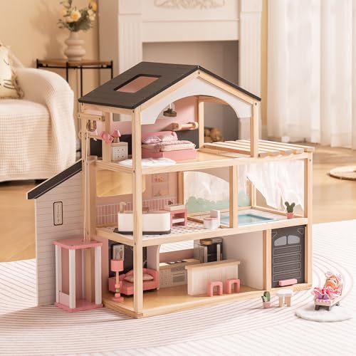 Pink Wooden Dollhouse with 6 Rooms and 29-pcs Furniture Set F654632