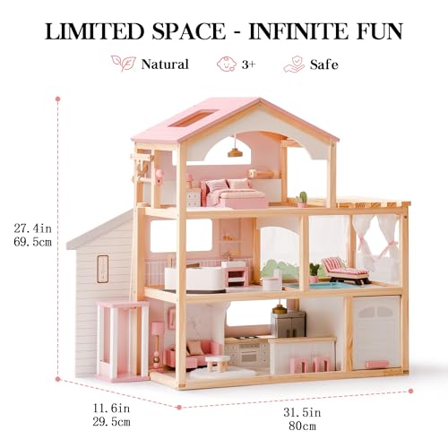 Pink Wooden Dollhouse with 6 Rooms and 29-pcs Furniture Set F654632