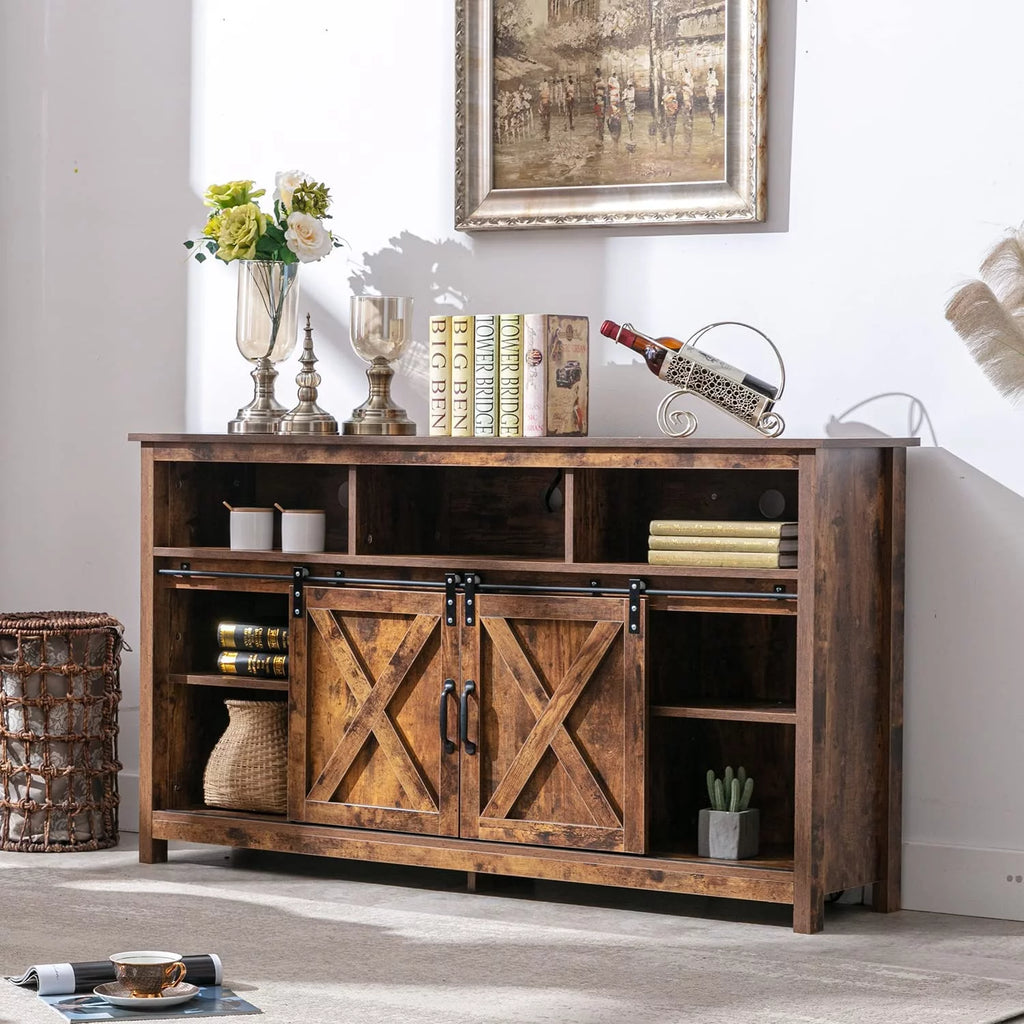 Farmhouse Barn Door TV Cabinet Media Console with Open Shelves White Y472207