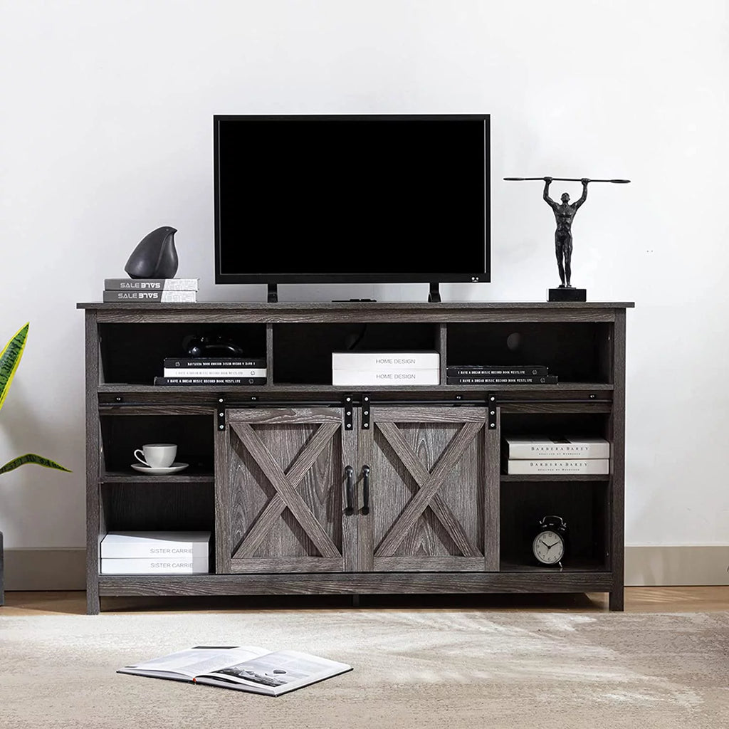 Farmhouse Barn Door TV Cabinet Media Console with Open Shelves White Y472207