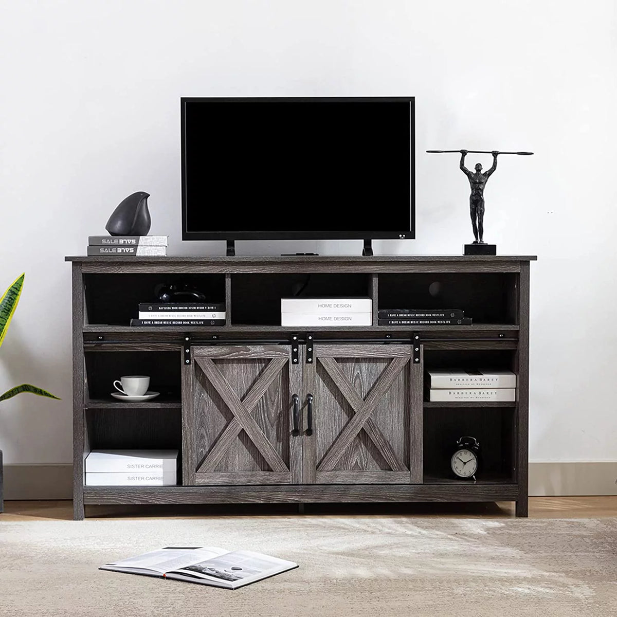 Farmhouse Barn Door TV Cabinet Media Console with Open Shelves White Y472207