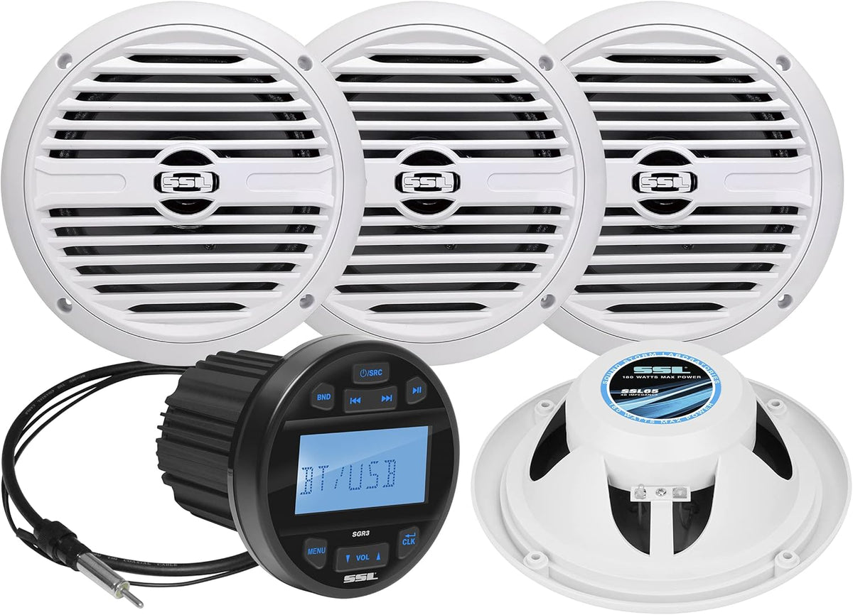 Weatherproof Marine Gauge Receiver and Speaker Package, Bluetooth, USB, AM/FM Tuner, 6.5 Inch 2-Way Speakers x 4 K36673