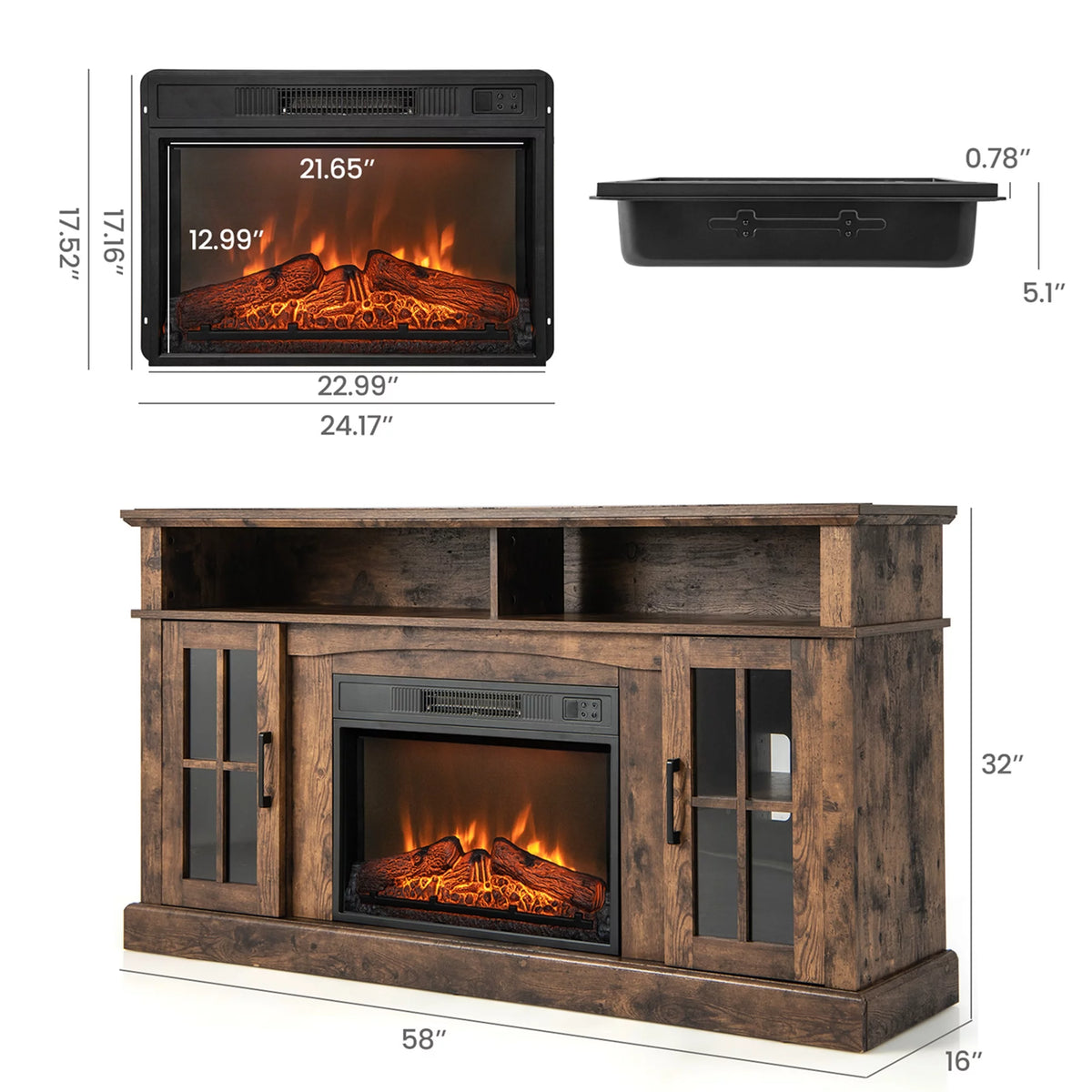 58'' Fireplace TV Stand with 1400W Electric Fireplace N657