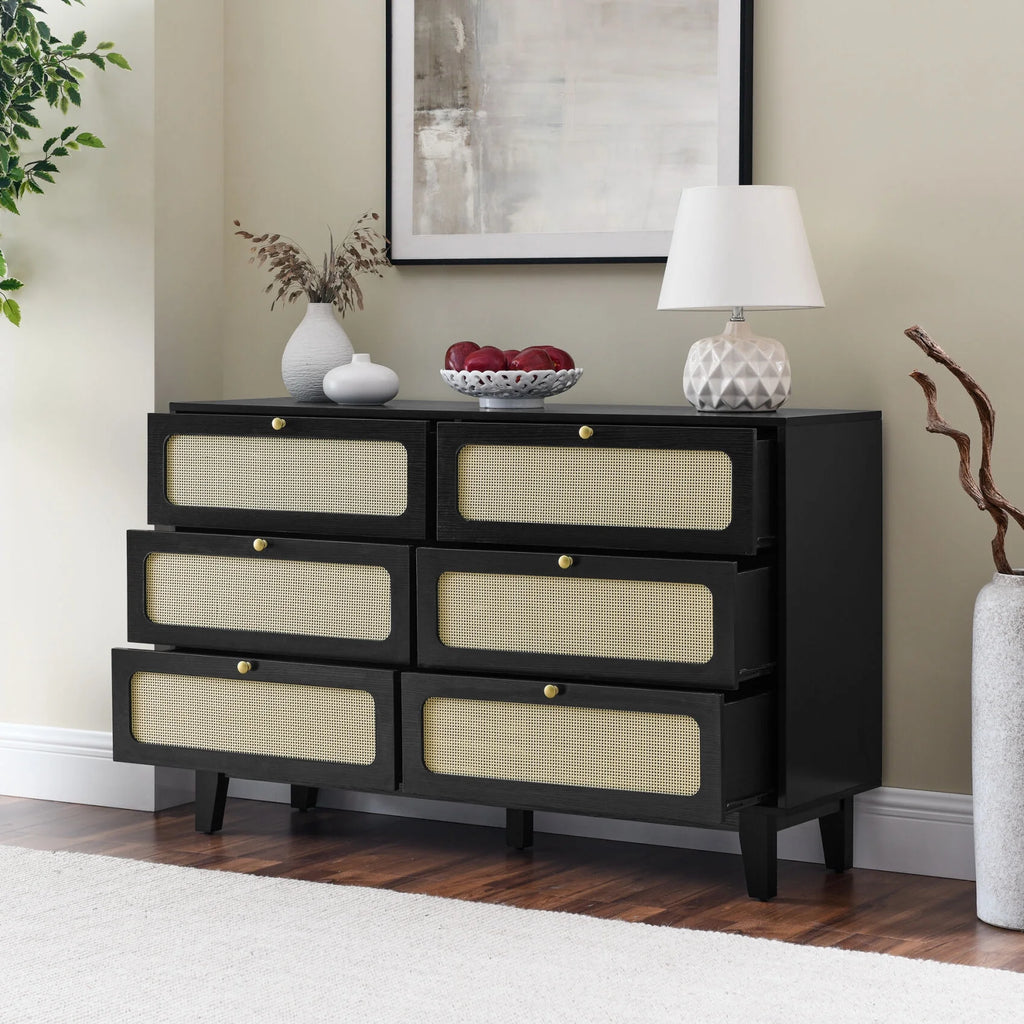 6 Drawer Wooden Dresser with Rattan Drawers Q33499